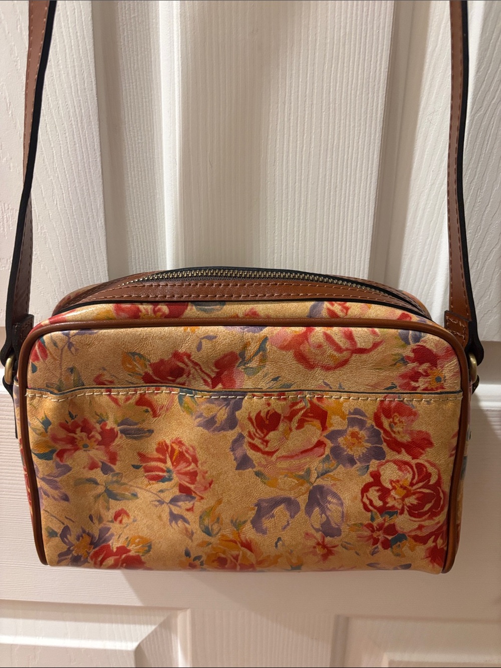 Patricia Nash Floral Leather Crossbody in Mustard, Red & Purple